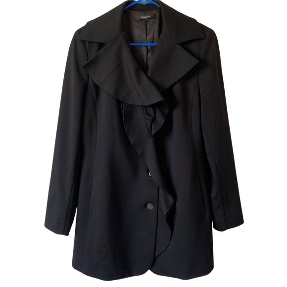 TAHARI NWOT Black Medium Length Knit Winter Jacket Medium Ruffle Button Down - Picture 1 of 5
